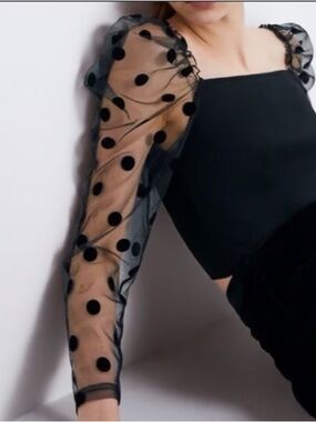Zara Black Sheer Puff Sleeve Crop Top with Polka Dots